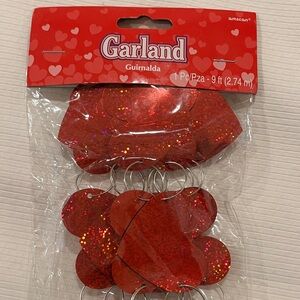Valentine’s Day Red Sparkly Heart Garland, 9 feet, New and Unopened